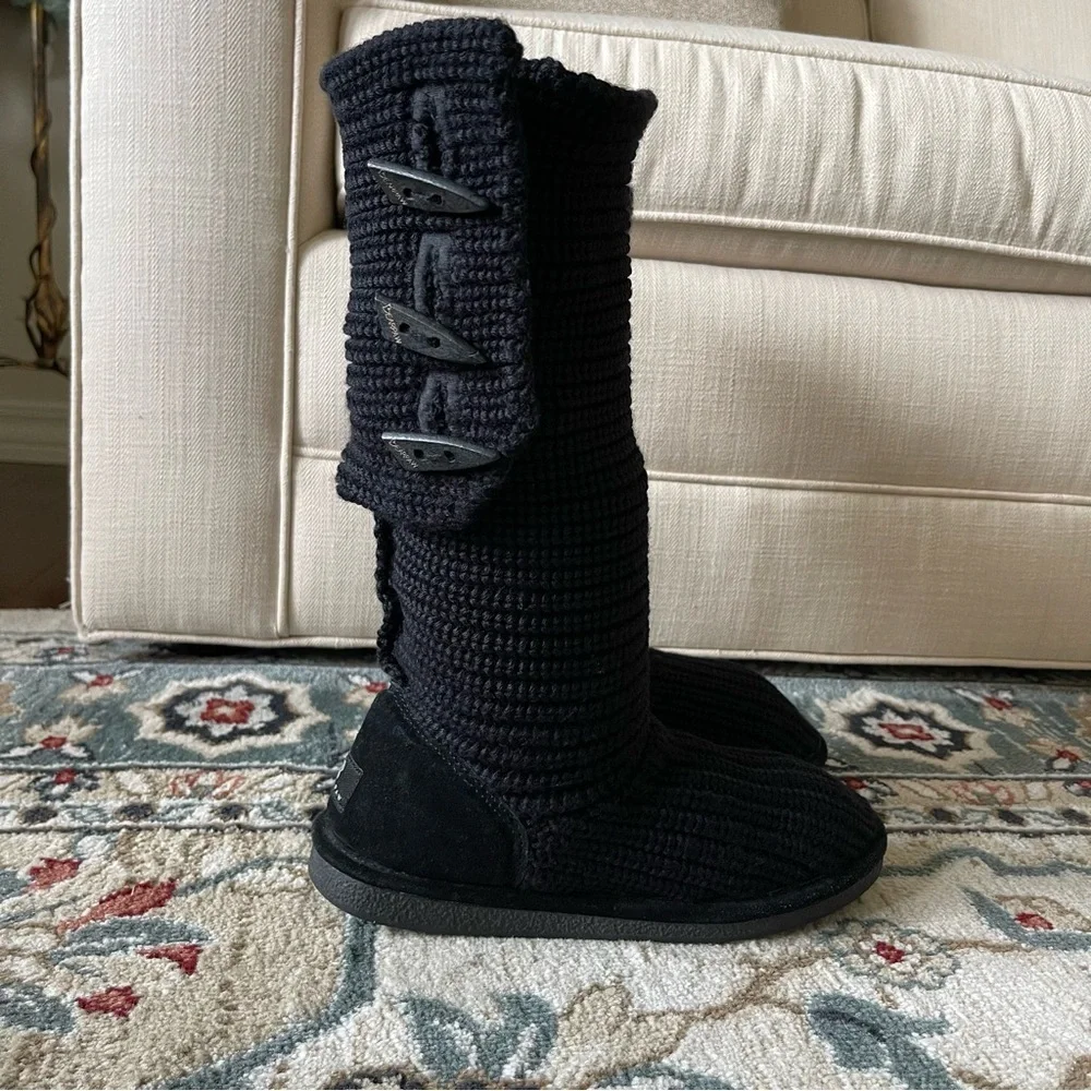 BearPaw Tall Black Knit Sweater Boots